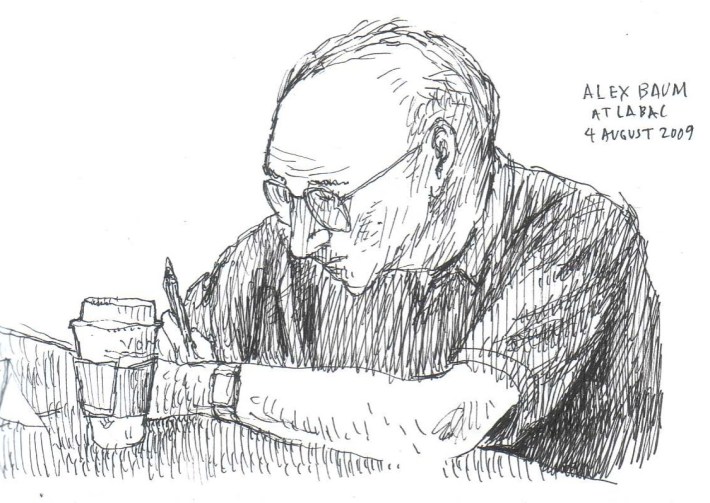 Alex Baum at the August 2009 Los Angeles City Bicycle Advisory Committee meeting. Sketch by Joe Linton/Streetsblog L.A.