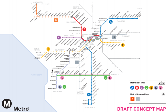 The proposed new Metro rail/BRT system map, showing proposed letter designations. Image via Metro [PDF]