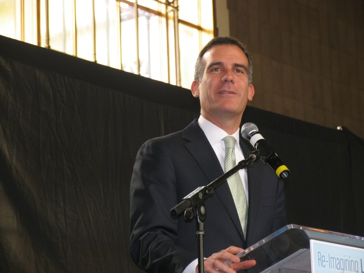 Mayor Eric Garcetti addresses attendees at the MoveLA Conference at Union Station. Photo: Roger Rudick.