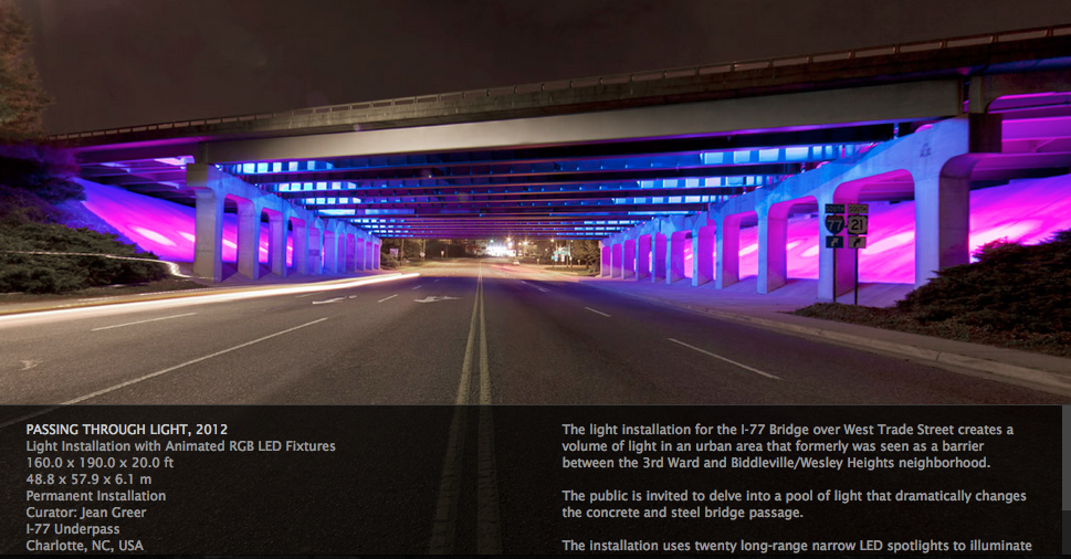 PASSING THROUGH LIGHT, 2012 Light Installation with Animated RGB LED Fixtures. (screen shot from his web page)