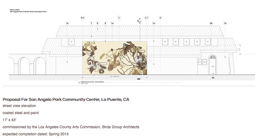 Proposal for San Angelo Park Community Center, La Puente, CA street view elevation coated steel and paint 17' x 43' commissioned by the Los Angeles County Arts Commission, Birda Group Architects expected completion dated: Spring 2015