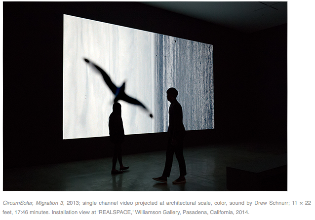 CircumSolar, Migration 3, 2013; single channel video projected at architectural scale, color, sound by Drew Schnurr; at ‘REALSPACE,’ Williamson Gallery, Pasadena, California, 2014. (screenshot from her website)