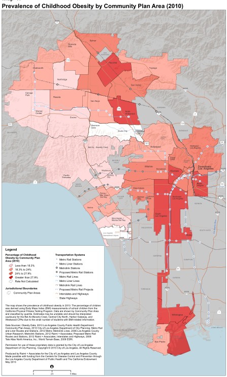 Map of prevalence of obesity in the city of Los Angeles. Image from Department of City Planning Health Atlas [PDF]