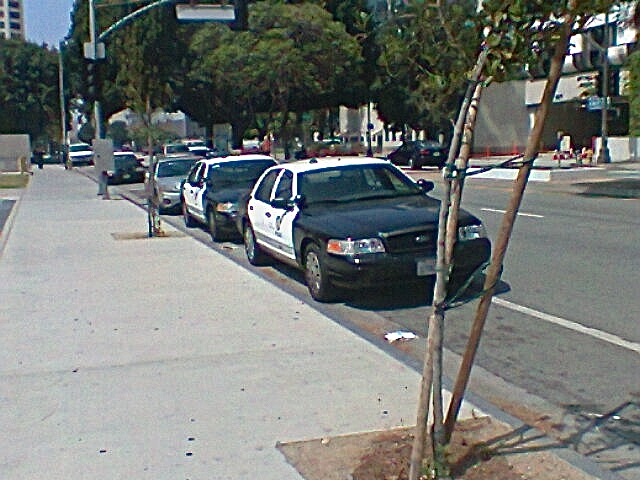 Police cars parked in the bike lanes for much of the length of Los Angeles Street, just north of 1st. Sahra Sulaiman's terrible cellphone/Streetsblog L.A.