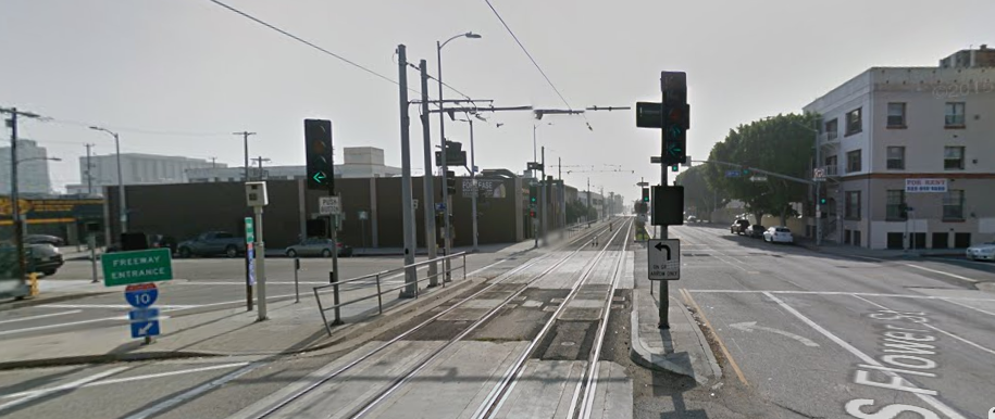 Two of the three sets of signals in place for your safety at 18th and Flower. (Google map screen shot)
