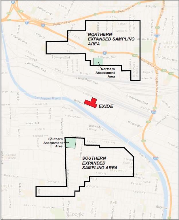 Map of the Expanded Assessment Areas. Testing for lead contamination was originally conducted in the green squares. The current round of testing was conducted in the wider assessment area. Source: DTSC