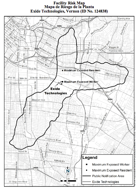 Residents within the dark outline were told they may be at risk from toxic emissions from Exide by the AQMD. Source: AQMD Health Risk Assessment Workshop Flyer