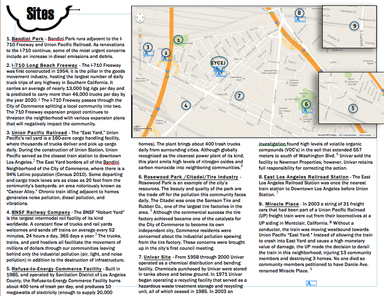 A map highlighting some of the toxic facilities surrounding the East Yards communities in Commerce. Screen shot from EYCEJ. Click to enlarge.