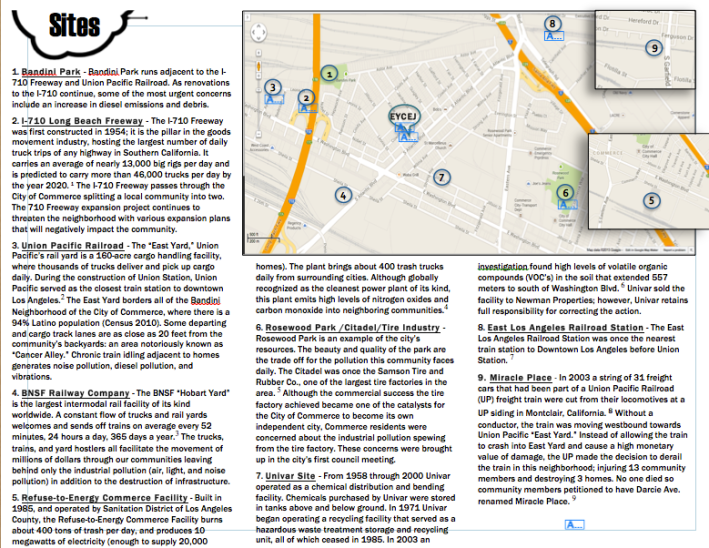 A map highlighting some of the toxic facilities surrounding the East Yards communities in Commerce. Screen shot from EYCEJ. Click to enlarge.