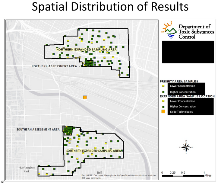 The distribution of the 146 sampling sites in the expanded test areas. Multiple samples were taken from those 146 properties, bringing the total number of samples taken to 8,695. Source: DTSC