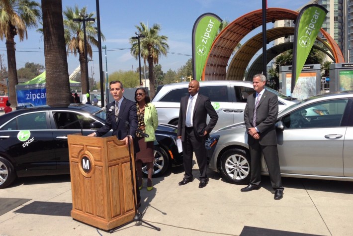 Mayor Garcetti announces Zipcar vehicles are now available at ten Metro station parking lots. Left to right: Garcetti, Jacquelyn Dupont-Walker, Phil Washington, and Dan Grossman. Photos by Joe Linton/Streetsblog L.A.