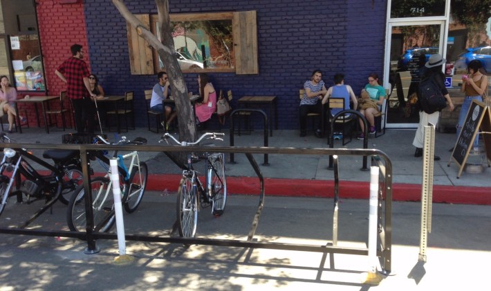 Downtown L.A.'s third great bike corral in front of Pie Hole.