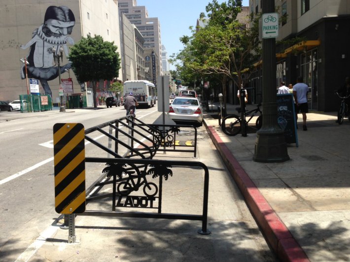 Downtown L.A.'s first bike corral on Main at 5th