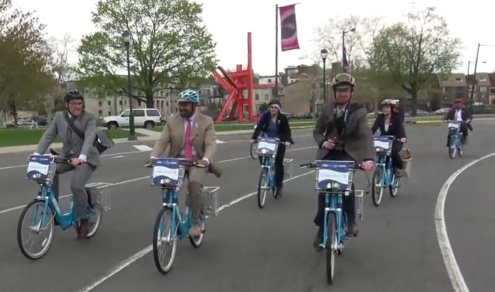 Philadelphia mayor Michael Nutter rides Indego bike-share. Image via Streetfilms