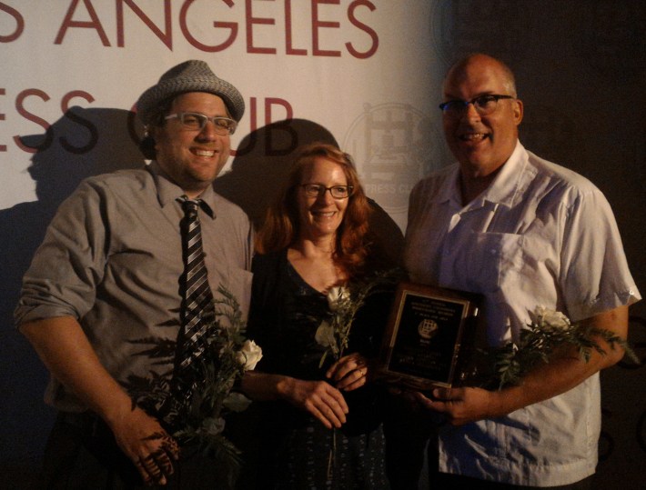 Damien Newton, Melanie Curry, and Joe Linton accepting the Group Blog award at last night's L.A. Press Club awards dinner. Photo: Juan Matute