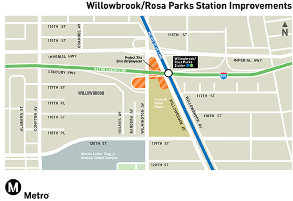 Just north of the Rosa Parks station, the Blue Line crosses Wilmington at grade at an angle, and makes the intersection dangerous for all road users. (Source: Metro)