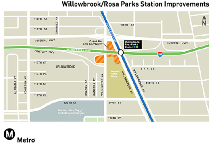 Just north of the Rosa Parks station, the Blue Line crosses Wilmington at grade at an angle, and makes the intersection dangerous for all road users. (Source: Metro)