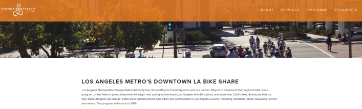 Metro bike-share vendor Bicycle Transit Systems has a new L.A. webpage. Image via http://www.bicycletransit.com/los-angeles/