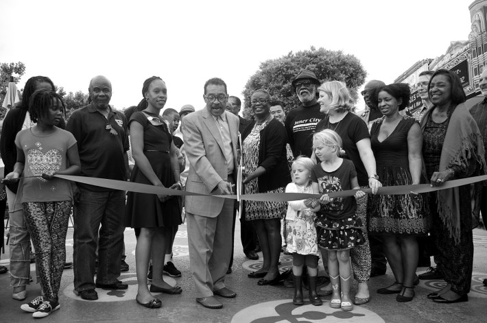 The cutting of the ribbon on the People St Plaza. Sahra Sulaiman/Streetsblog L.A.