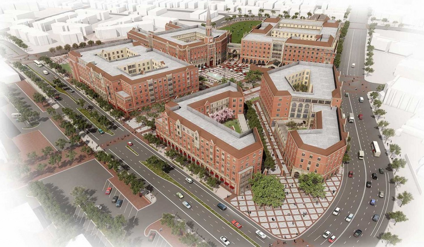 Rendering of the $650 million USC Village, sited at Jefferson and Hoover and touted as "the most expansive development project in the history of South Los Angeles." Source: USC