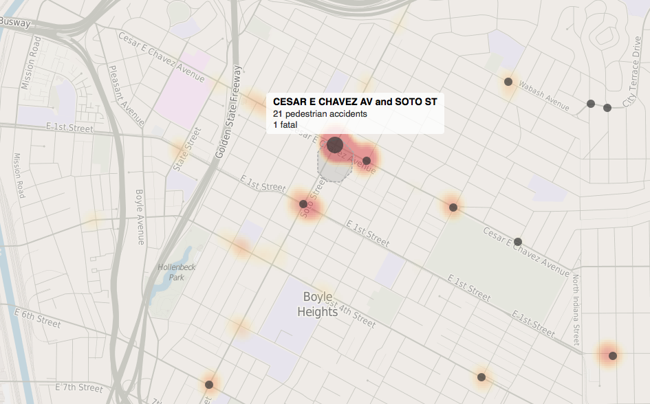 Screen shot of the LA Times' map of pedestrian collisions at Cesar Chavez and Soto. Source: LA Times.