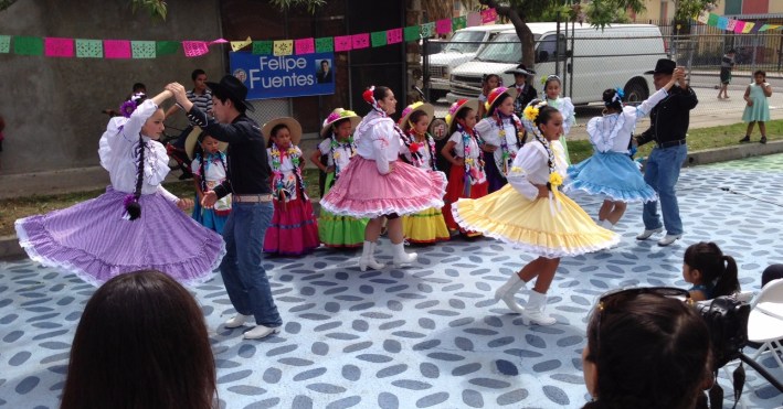 Folklorico dancers at the openign of People St's Bradley Plaza. Photo by Joe Linton/Streetsblog L.A.