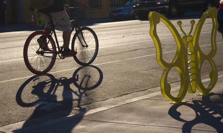 A butterfly bike rack perches on 1st St. in Boyle Heights. Sahra Sulaiman/Streetsblog L.A.