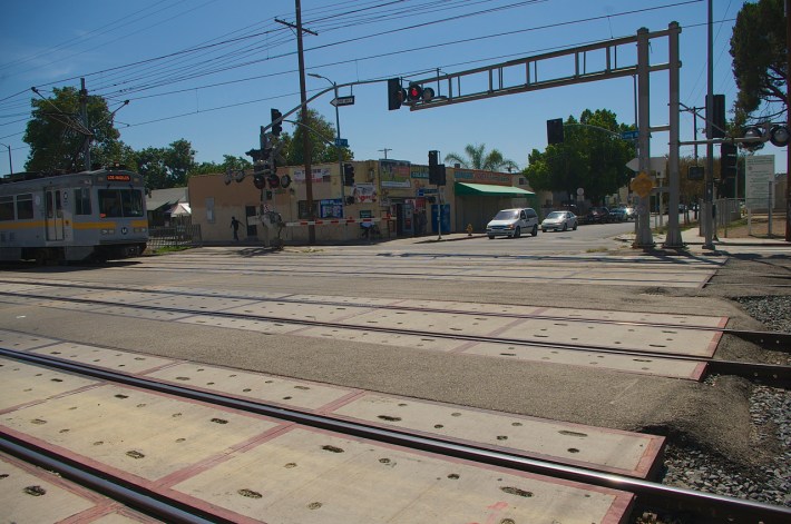 It's too easy for a pedestrian to get on the tracks when the train is passing through. Sahra Sulaiman/Streetsblog L.A.
