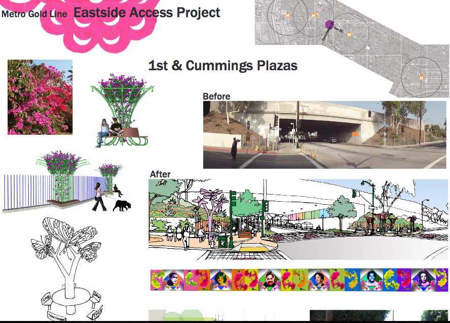 Screenshot of the placita envisioned for 1st and Cummings, as well as the art meant to line the freeway overpass. Source: Metro