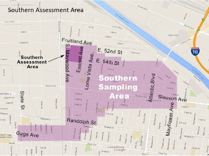 The Expanded Assessment Area to the south of the Exide plant (located just across the river, at Bandini and Indiana. Source: DTSC