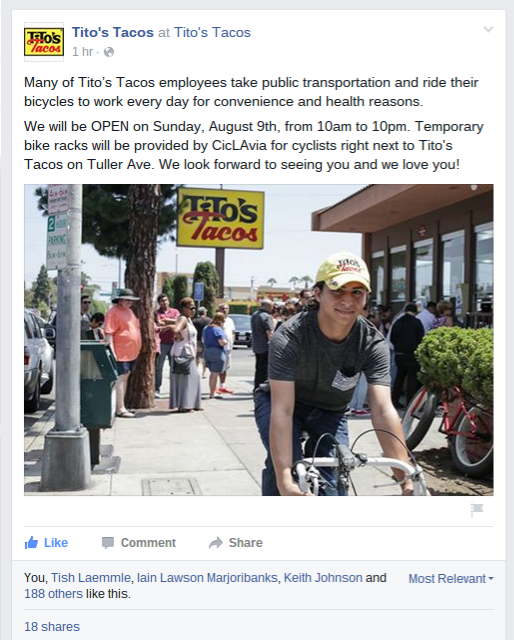 Screenshot of Tito's Tacos Facebook post today.