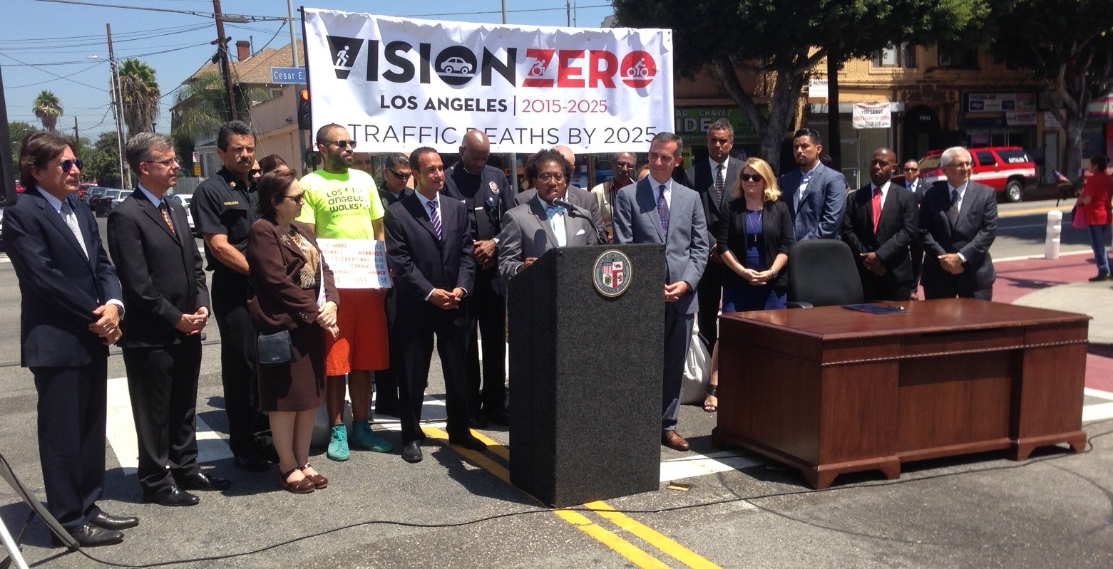 Los Angeles County Bicycle Coalition Executive Director Tamika Butler speaks on Los Angeles' new Vision Zero policy at today's signing ceremony in Boyle Heights. Photo: Joe Linton/Streetsblog L.A.