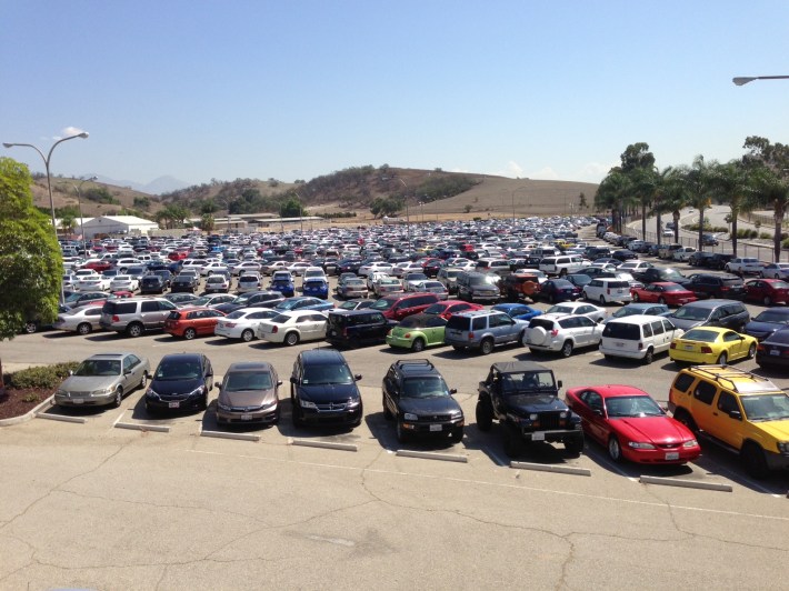 Mount San Antonio College is surrounded by sprawling parking lots. Parking is so extensive that there are shuttles to get from outer parking lots to campus.