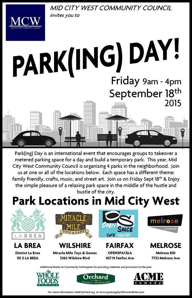 Four Mid-City Park(ing) Day parklet locations hosted by L.A.'s Mid-City West Neighborhood Council.