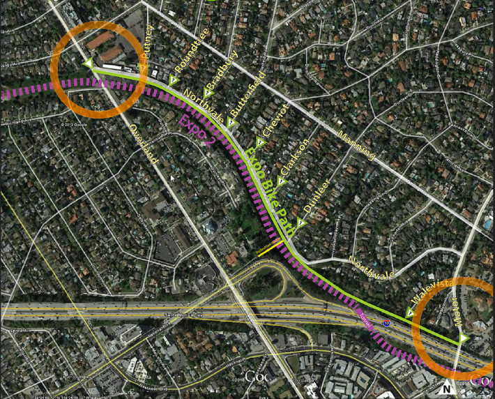 LADOT is responsible for bike lanes and other road markings for this area connecting the Expo Bike Paths in Phase 1 and Phase 2. Recently, the city announced it has no timeline on when this bikeway will be completed.