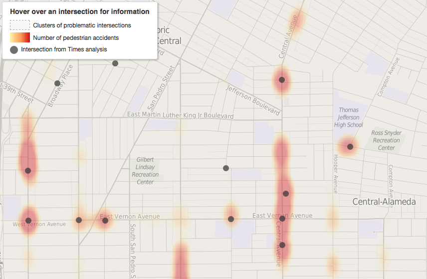 Screen shot of LA Times mapping of pedestrian collisions along Central. Together the black dots represent 48 collisions. Source: LA Times