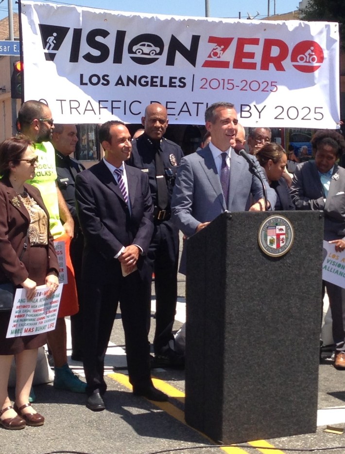 Can we get some clear leadership on L.A. safer, multi-modal future? Mayor Garcetti at last month's Vision Zero announcement. Photo: Joe Linton