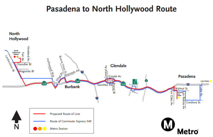 Map of planned new North Hollywood to Pasadena freeway bus. Image via Metro.