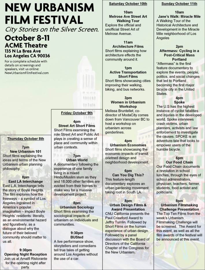 The 2015 New Urbanism Film Festival at a glance. Details at NUFF