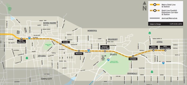The 12-mile Foothill Gold Line Extension will open March 5, 2016. Image via Metro