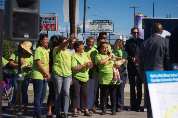 TRUST South L.A. organizers and volunteers (and the LACBC's Eric Bruins, at right), came to show their support for the project. Sahra Sulaiman/Streetsblog L.A.