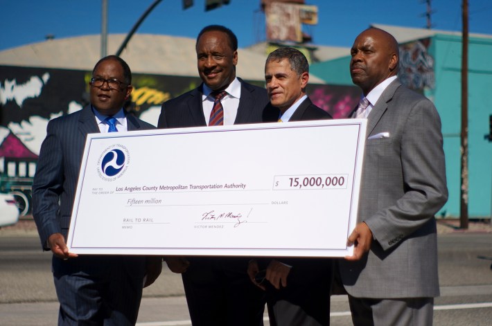 Supervisor Mark Ridley-Thomas, Inglewood Mayor James Butts, Deputy Secretary Victor Mendez, and Metro CEO Phil Washington. Sahra Sulaiman/Streetsblog L.A.