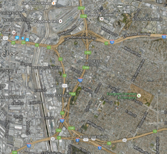 Boyle Heights and some of the many freeways. Those along its western edge cut through Hollenbeck Park. Those to the south cut very-low income residents, including some housing development projects, off from the rest of the community. Similarly, the massive width of the 10 to the north isolates housing development Ramona Gardens (marked as Boston Heights on the map) northern end of Boyle Heights from the rest of the community. (Google maps screen shot)