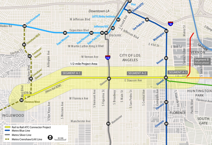 The Rail-to-Rail-to-eventually-the-River project will turn a right-of-way along Slauson Ave. into a bike and pedestrian path connecting folks to the Crenshaw, Silver, and Blue Lines. Source: Metro