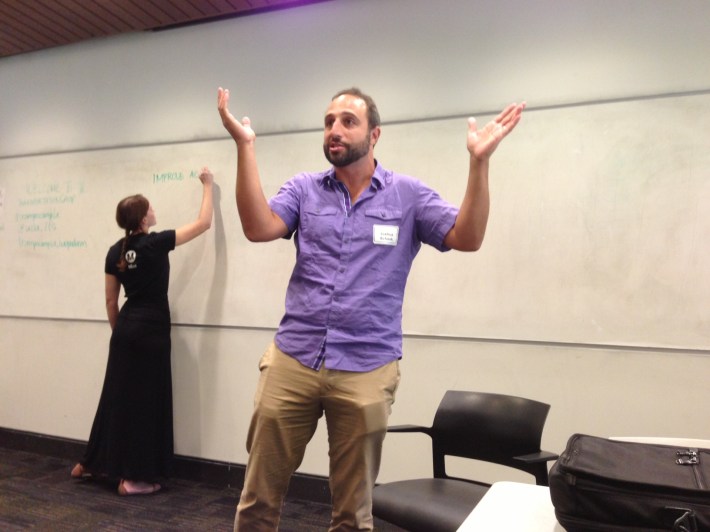 Joshua Schank, Metro's new chief innovation officer, speaking at TransportationCamp at UCLA on Saturday. Photo by Joe Linton/StreetblogLA