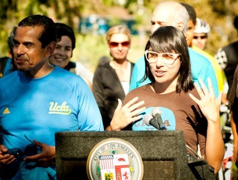 Adonia Lugo speaking at the first CicLAvia in 2010