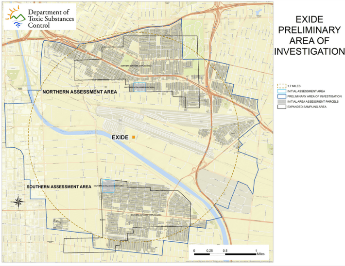 The Expanded Assessment Areas where DTSC conducted testing to determine the extent of lead contamination from the Exide facility in Vernon. As many as 10,000 homes may have been affected within a 1.7-mile radius of the plant. Source: DTSC