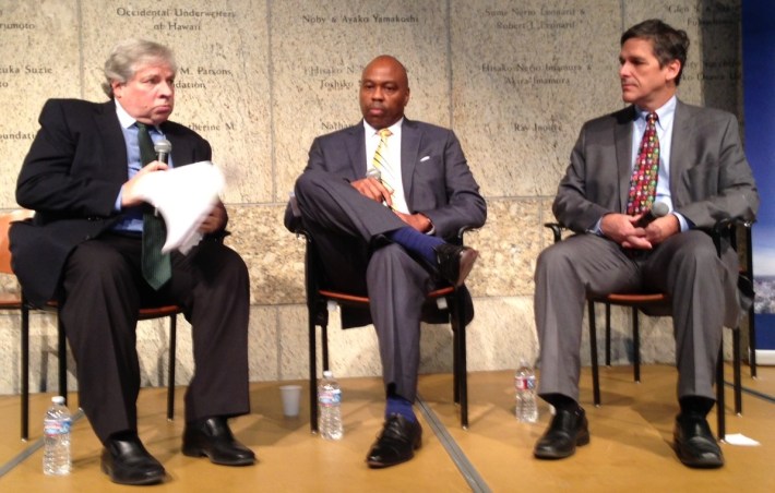 Transit Oriented L.A. 2015 opening keynote session: The Planning Report's David Abel (left) interviews Metro CEO Phil Washington (center) and CA High Speed Rail Authority CEO Jeff Morales. Photo by Joe Linton/Streetsblog L.A.
