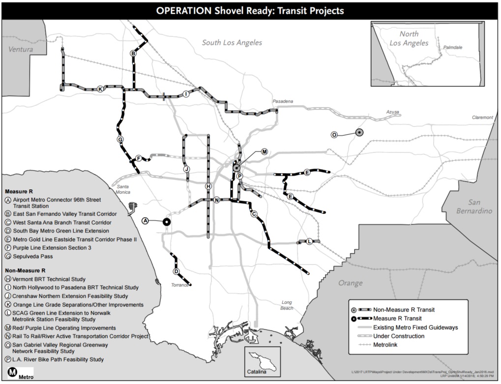 Metro Operation Shovel Ready Transit Projects map - including rail, bus, and bike projects