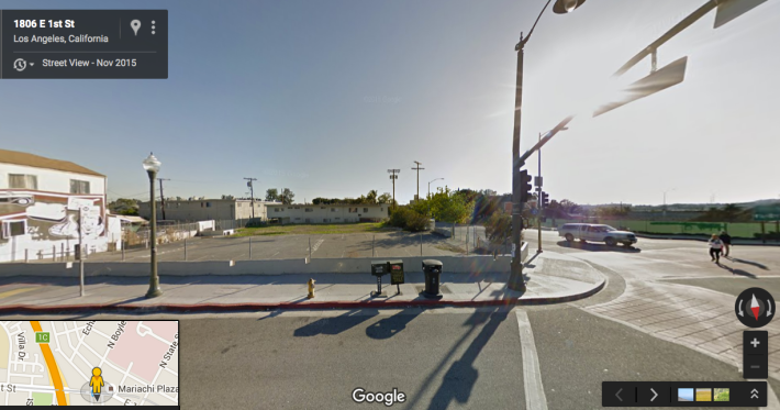 The lot at 1st and Boyle. to the right (across Boyle), an affordable housing project is being built. At a lot adjacent to Mariachi Plaza (where image was taken from) development will like come in the form of commercial space. (Google maps)